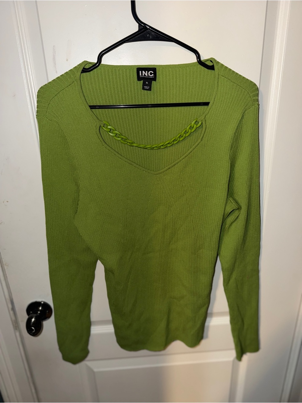 INC International Concepts Green V-Neck Sweater with Chain Trim